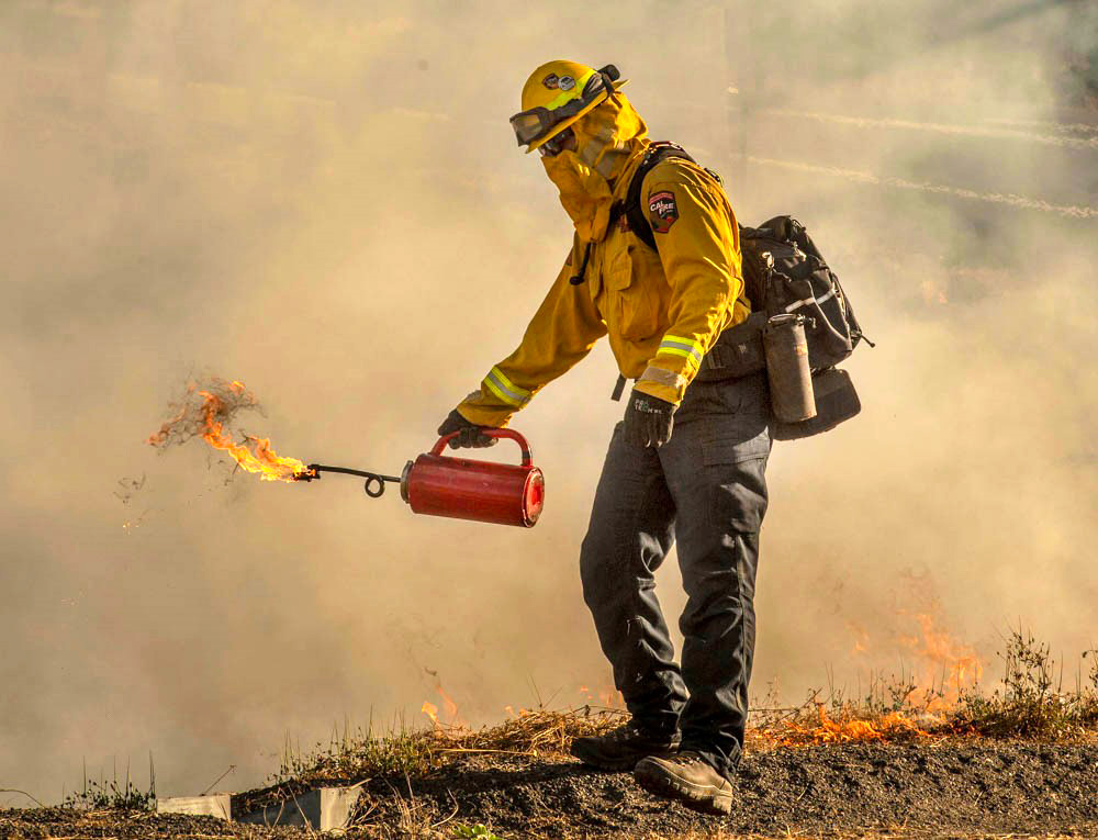 firefighter starting a prescribed fire