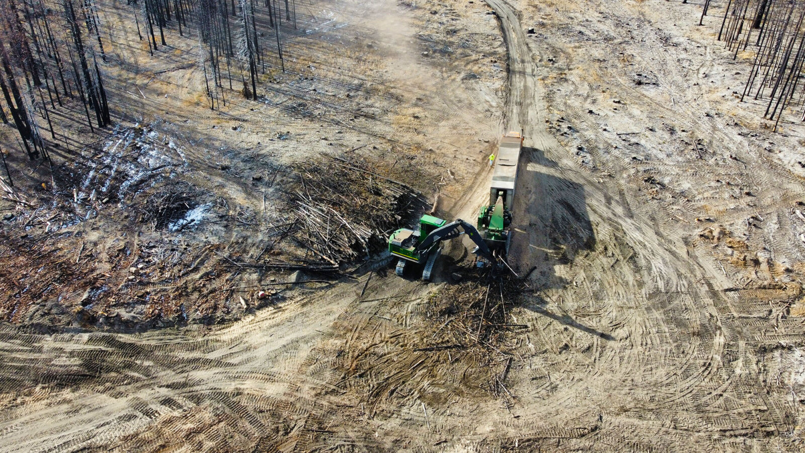 aerial view of a tractor gathering dead trees in a dry landscape