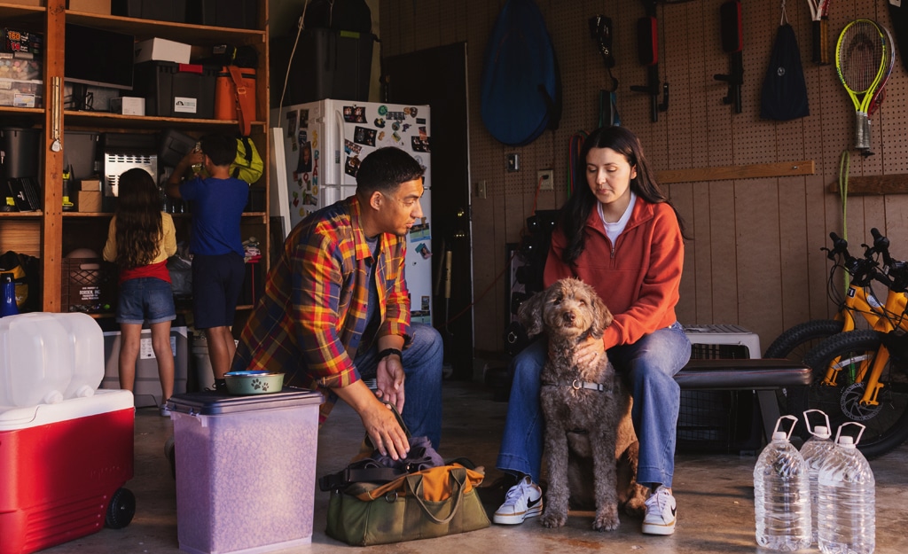 family with dog in garage